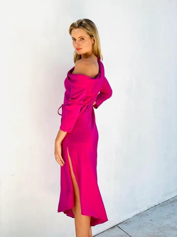 One Shoulder Satin Dress - berry pink