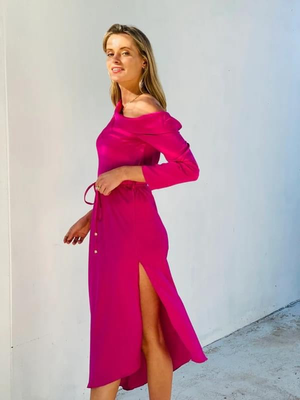 One Shoulder Satin Dress - berry pink